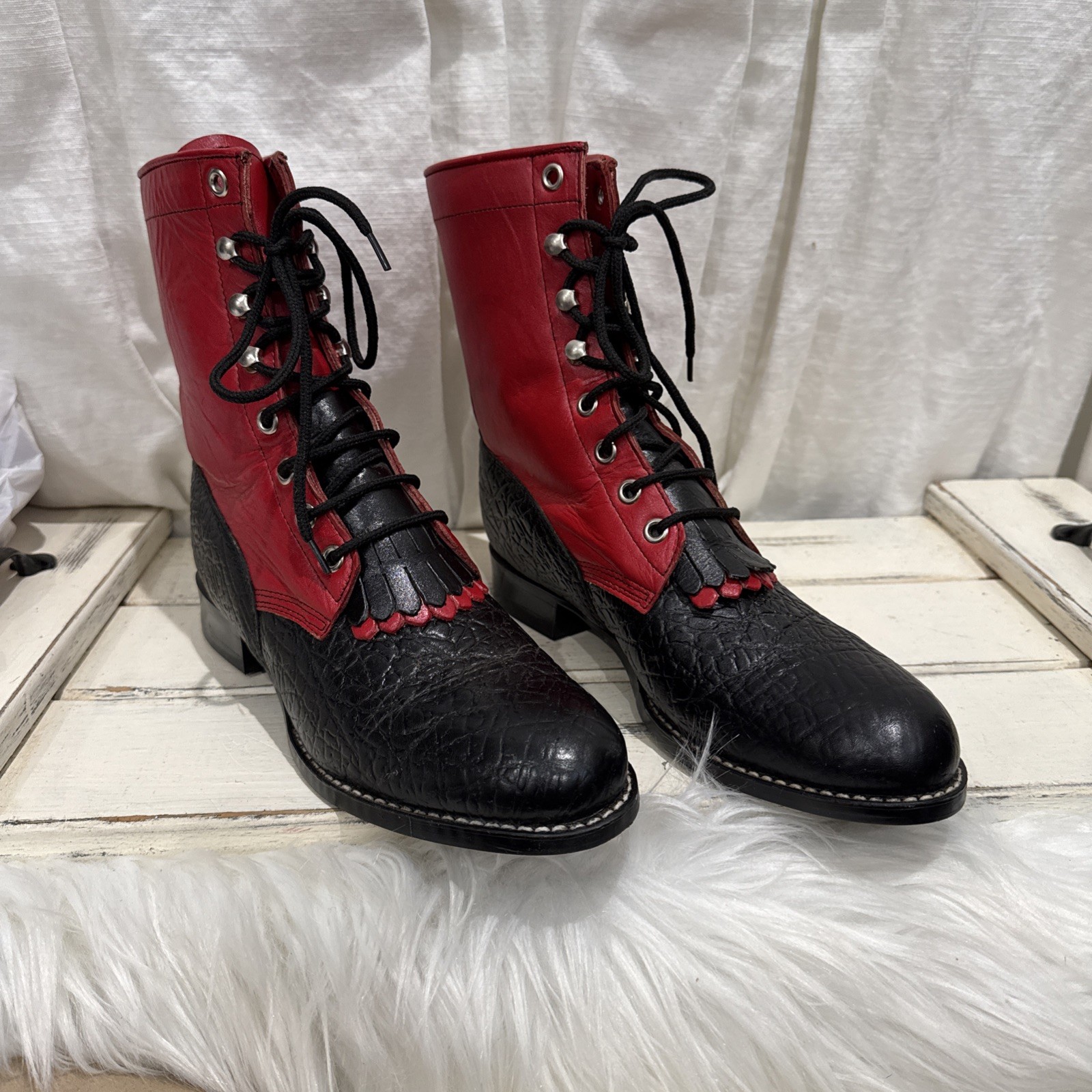 Red black Leather Boots Cowgirl Womens Sz 7B Granny Grunge Gothic Punk saloon