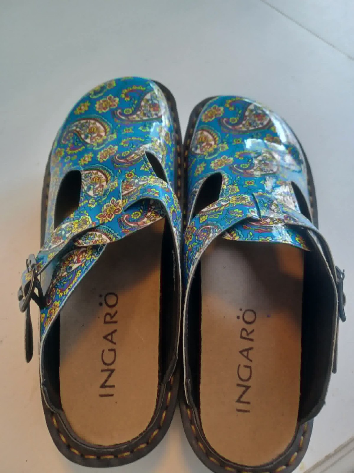 Ingaro Happy Nursing CLogs Shoes Size 7M Blue Paisley Glossy Work w/box and tags