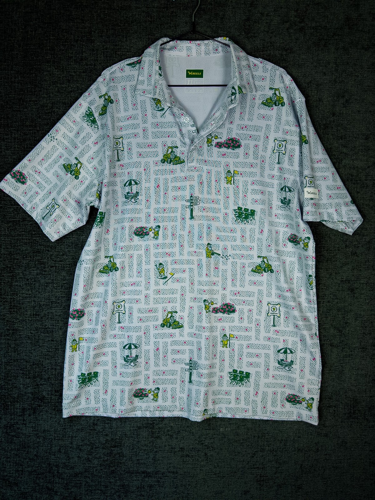 Waggle Gnomes Only Golf Print Polo Shirt Mens XL White Green Masters Party