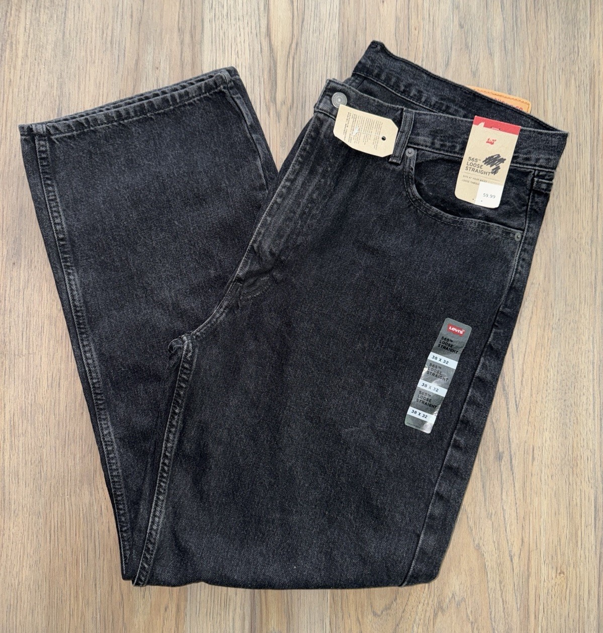 New Men’s Levi’s 565 Loose Fit Straight Leg Zipper Fly Denim Black Jeans 38 x 32