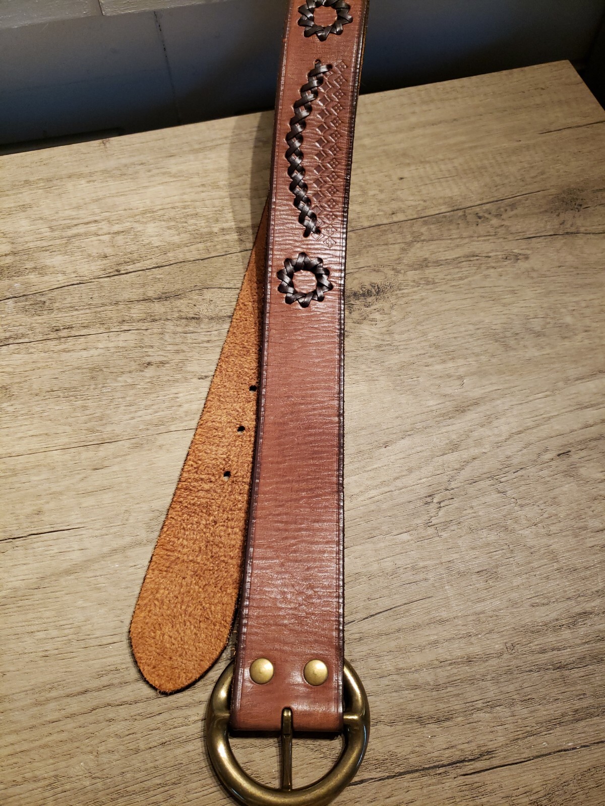 Mossimo Supply Co Genuine Leather Belt 2-Tone Brown Tooled Braided Women30/75cm.