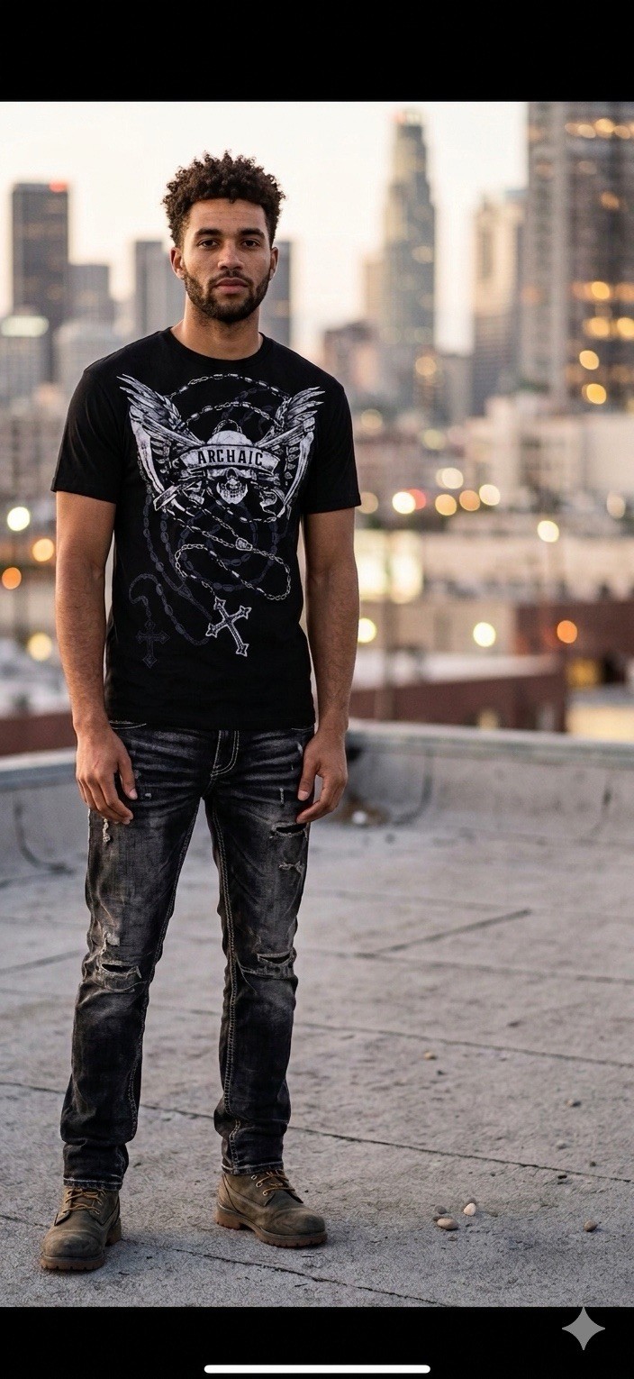 ARCHAIC by AFFLICTION Black HIT HARD Short Sleeve Slim Fit Y2K T-shirt NWT