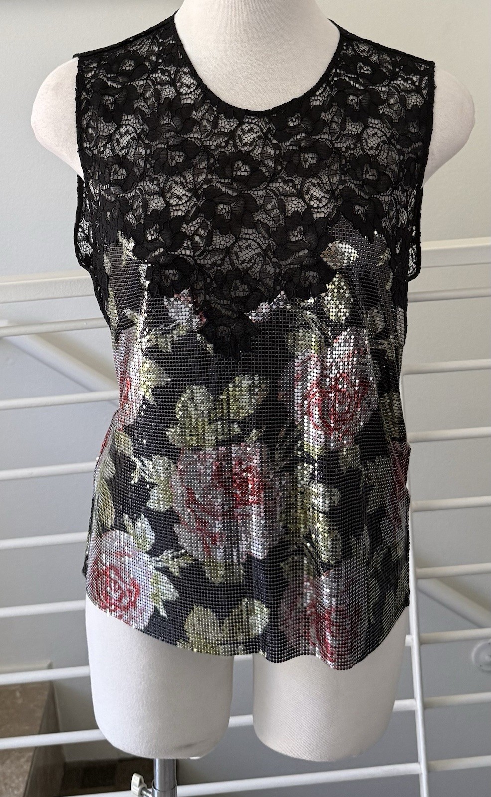 Paco Rabanne Floral-print Chainmail & Corded Black Lace Top Blouse Sz 38 FR/6 US