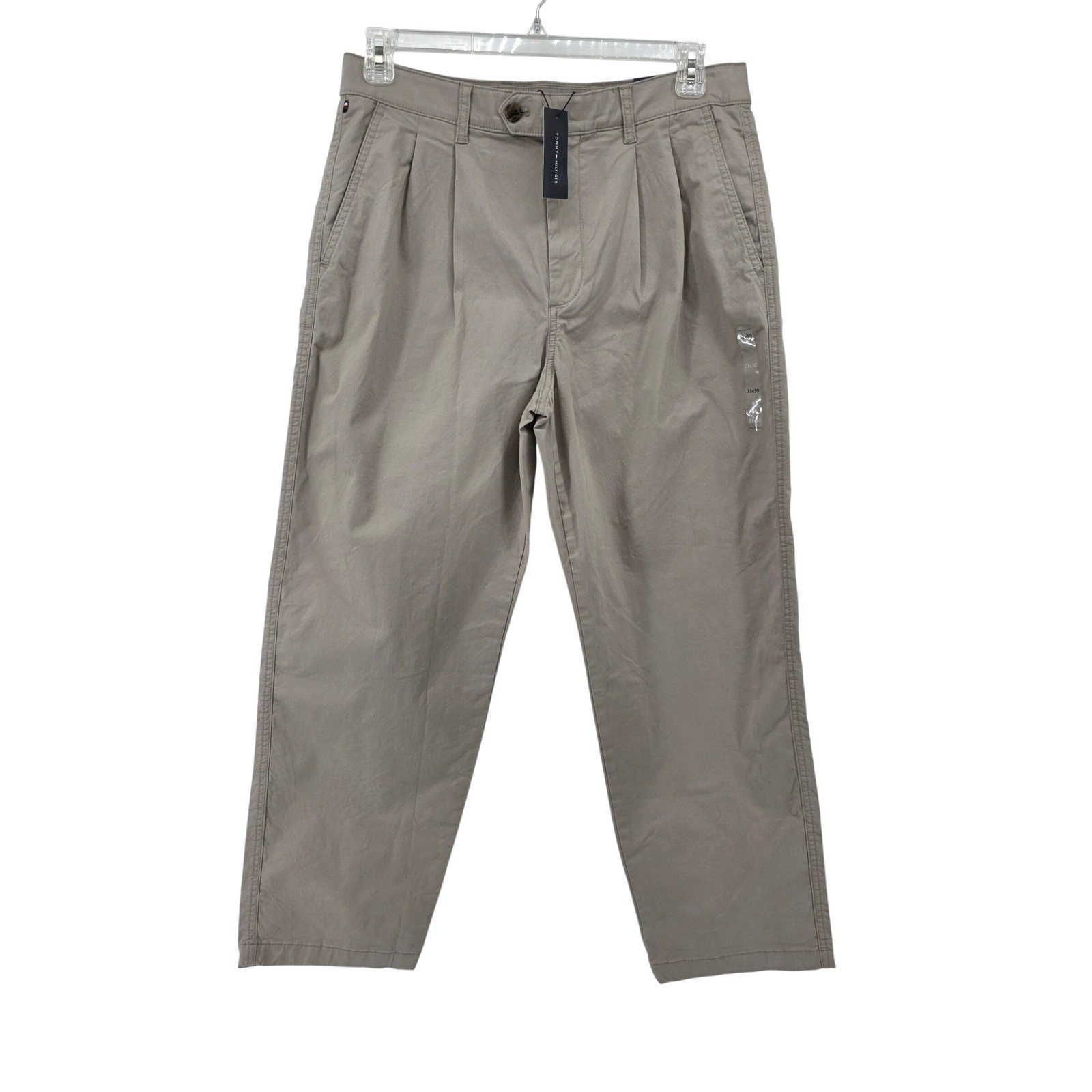 Tommy Hilfiger THFlex Mens 33×30 Straight Leg Pleated Khaki Chino Pants Tan