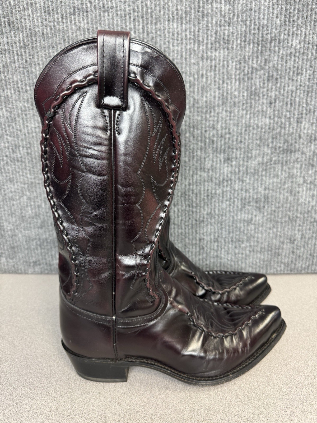 Dan Post 8.5 EW Vintage Black Cherry Braided Laced Leather Cowboy Boots