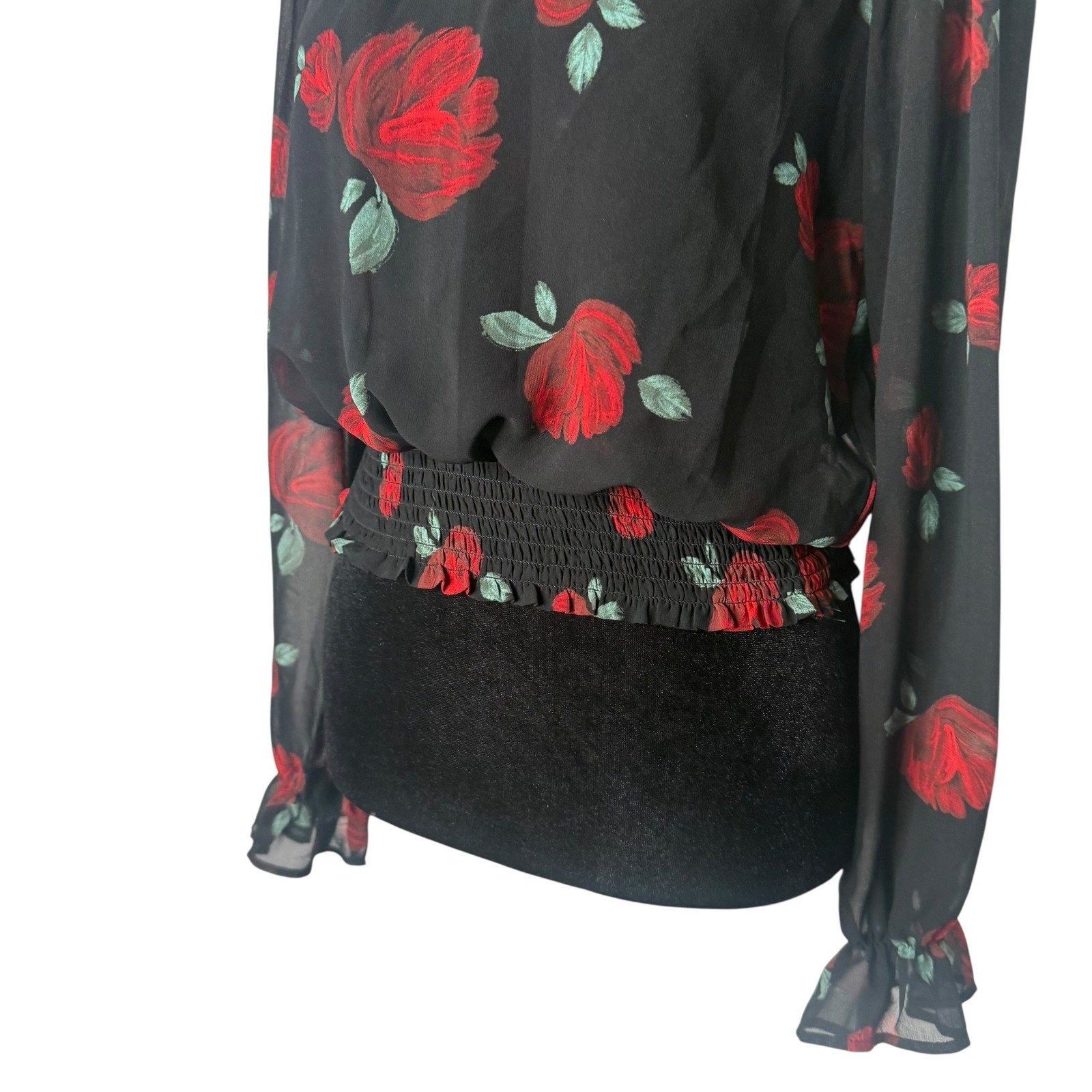 Forever 21 Sheer Top Floral Print Size S Smocked Romantic Feminine Mock Neck