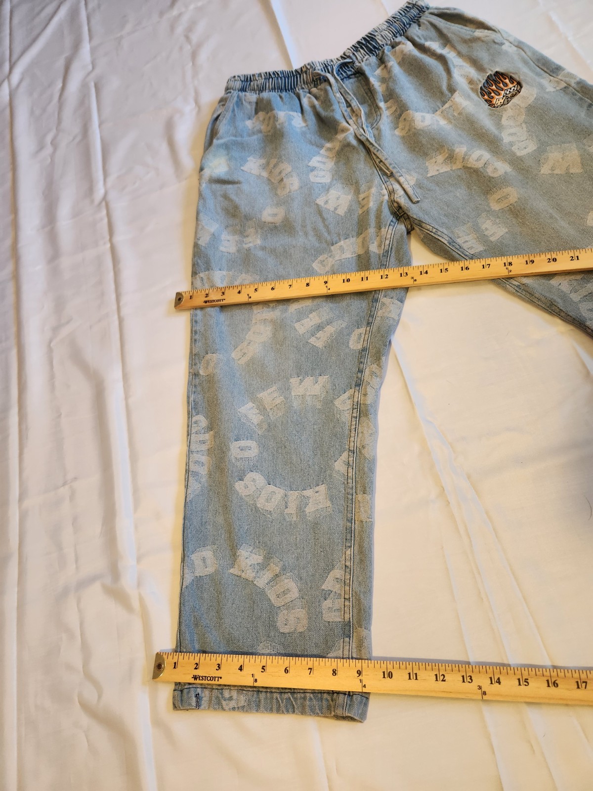 Studio One Light Wash Blue Denim Wide-Leg Jeans Logo Drawstring Elastic XL