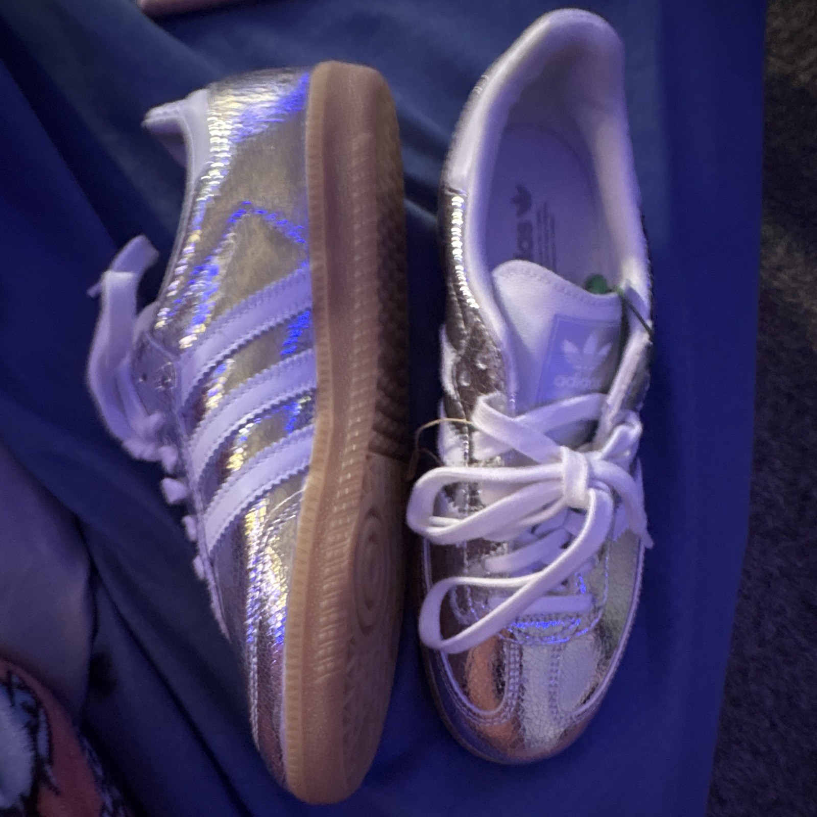adidas Samba Silver Metallic/White Low Top Lace-Up Sneakers Gum Rubber Sole