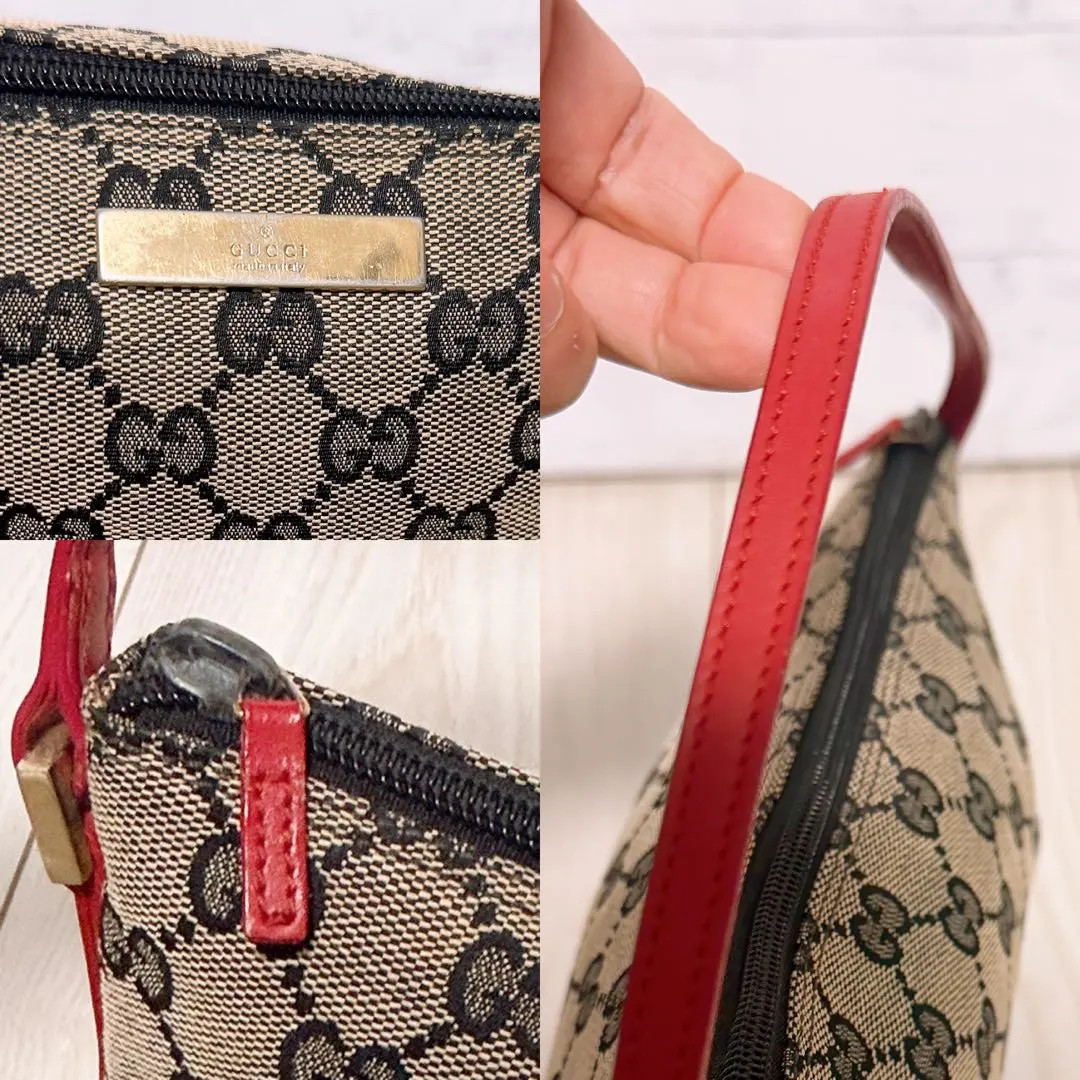 Authentic GUCCI GG Canvas Accessory Pouch Beige Handbag Gold Logo Plate