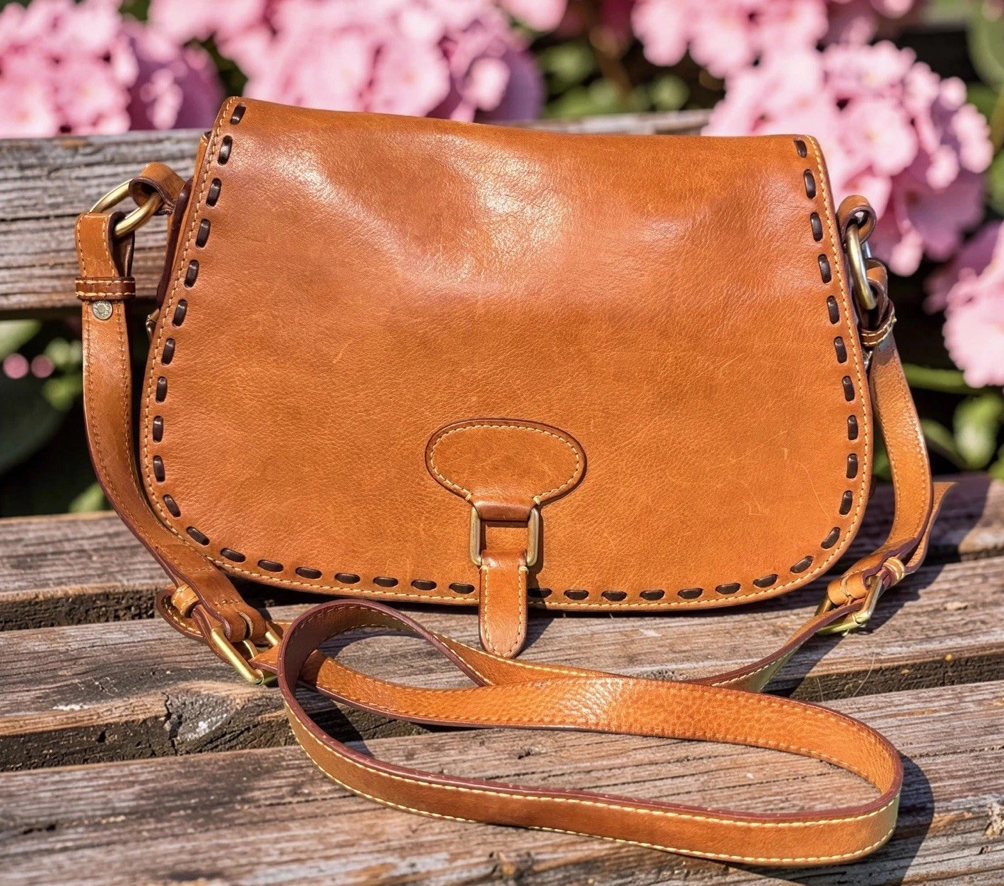 Dooney Bourke Brown Florentine Vacchetta Leather Saddle Messenger Shoulder Bag