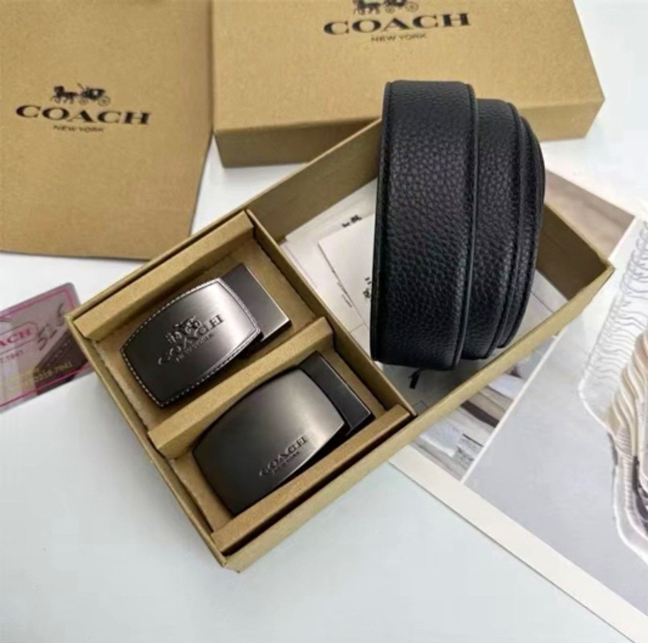 Coach Men’s Reversible Belt Set One Size Black/Gray Logo Pattern Adjustable