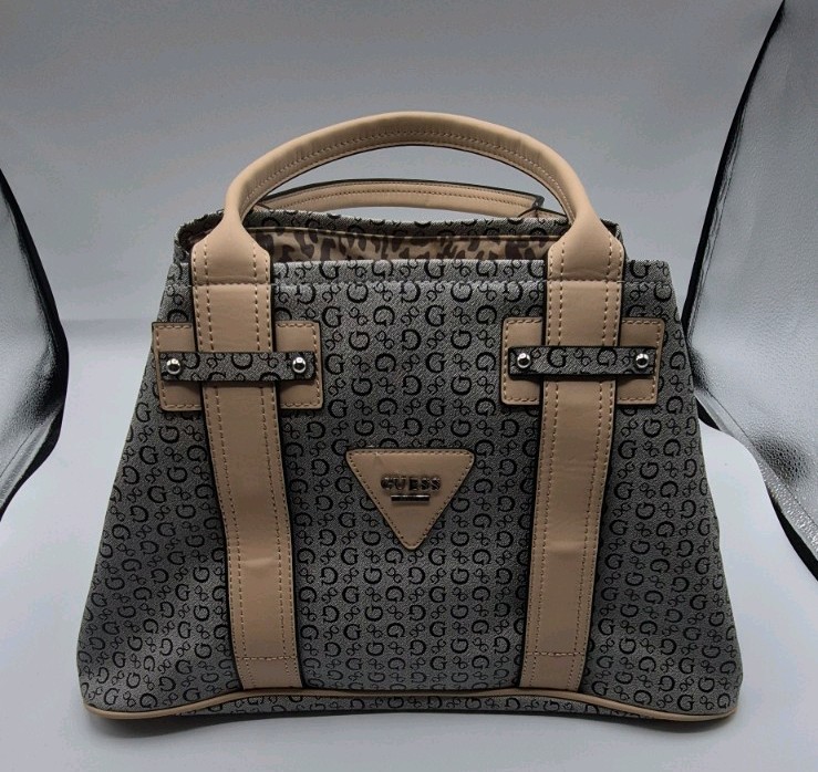 Guess Monogrammed Signature Pattern Satchel Tote Purse Bag Grey & Beige – VGC