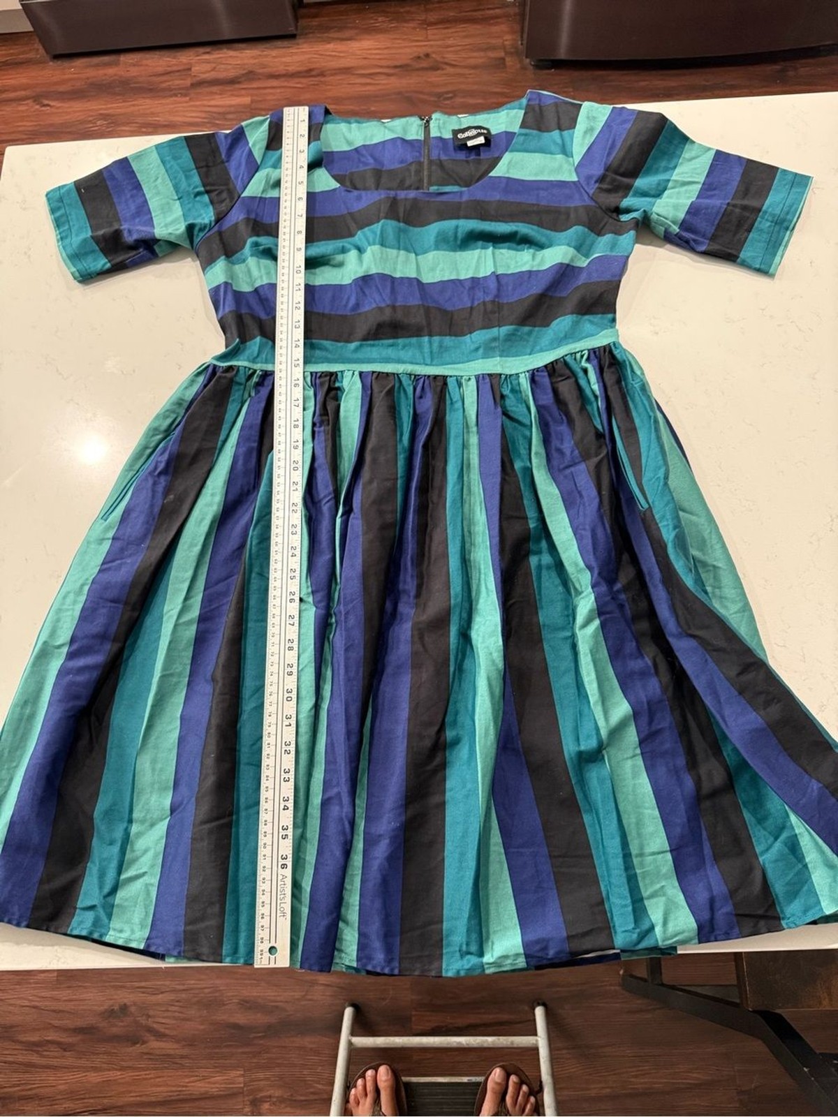 Collectif Teal, Navy & Black Striped Fit & Flare Dress. Size XL