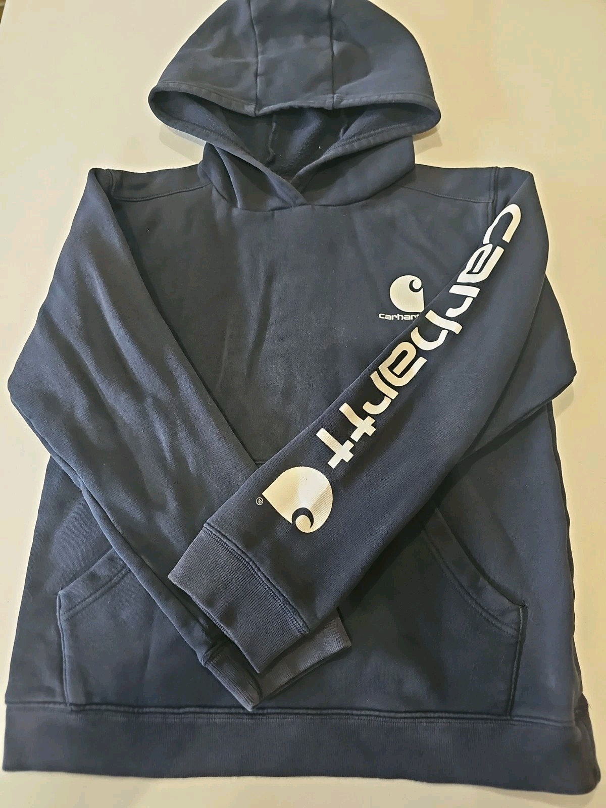 Carhartt Navy Hooded Pullover Sweatshirt Logo Sleeve Hoodie 21×22 EUC