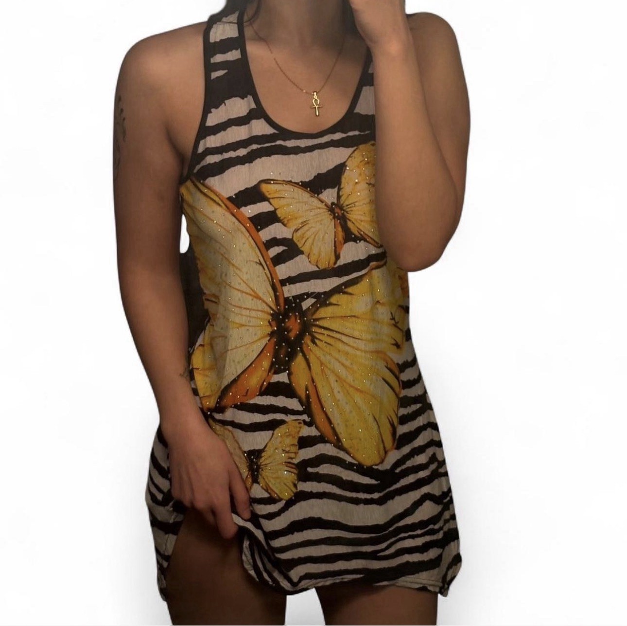 Women’s Zebra Stripe Butterfly Rhinestone Chiffon Mini Racerback Dress