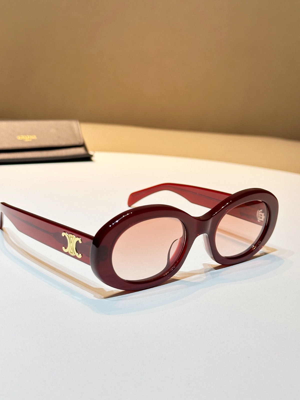 Celine Triomphe Oval Sunglasses Burgundy Red Acetate Gold Logo Designer