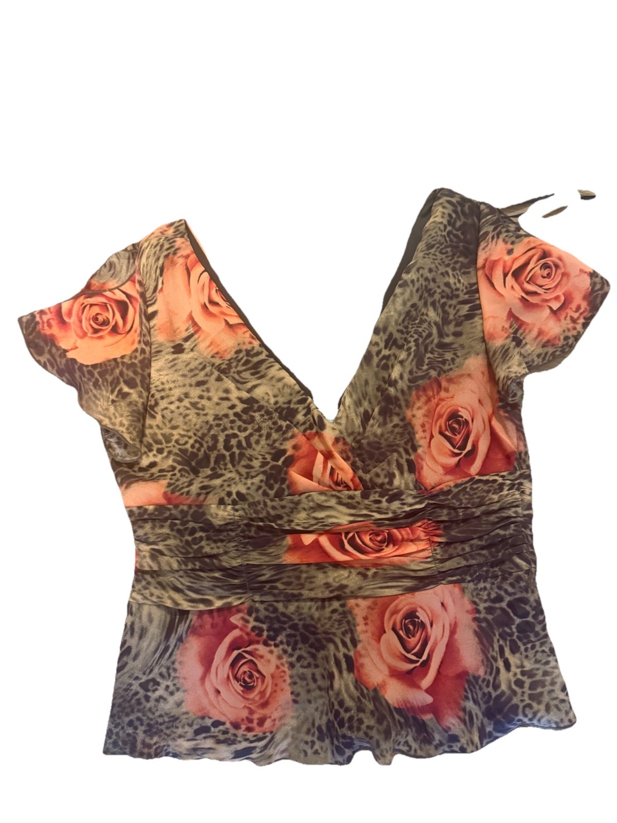 VTG Y2K Made In USA Mixed Print Floral Leopard Rose Top M/L