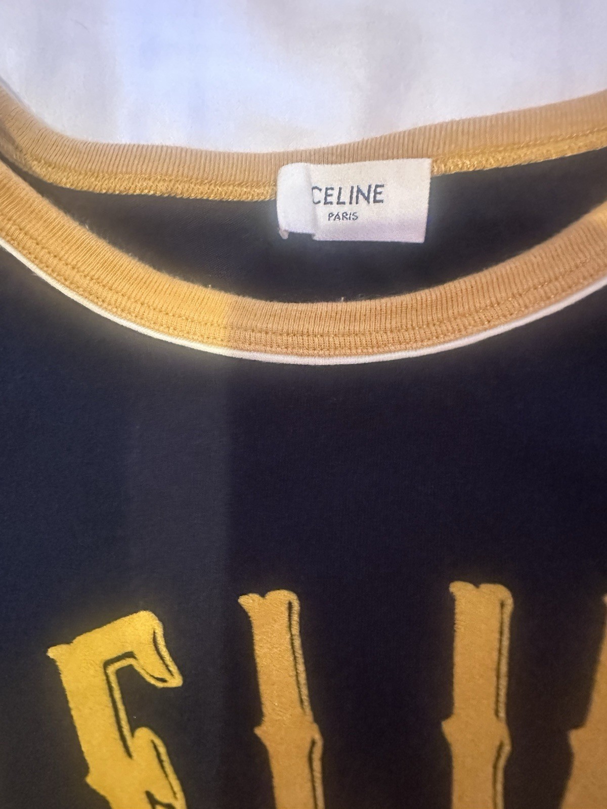 CELINE Women’s Black/Gold Logo Graphic Ringer Crew Neck T-Shirt Size S