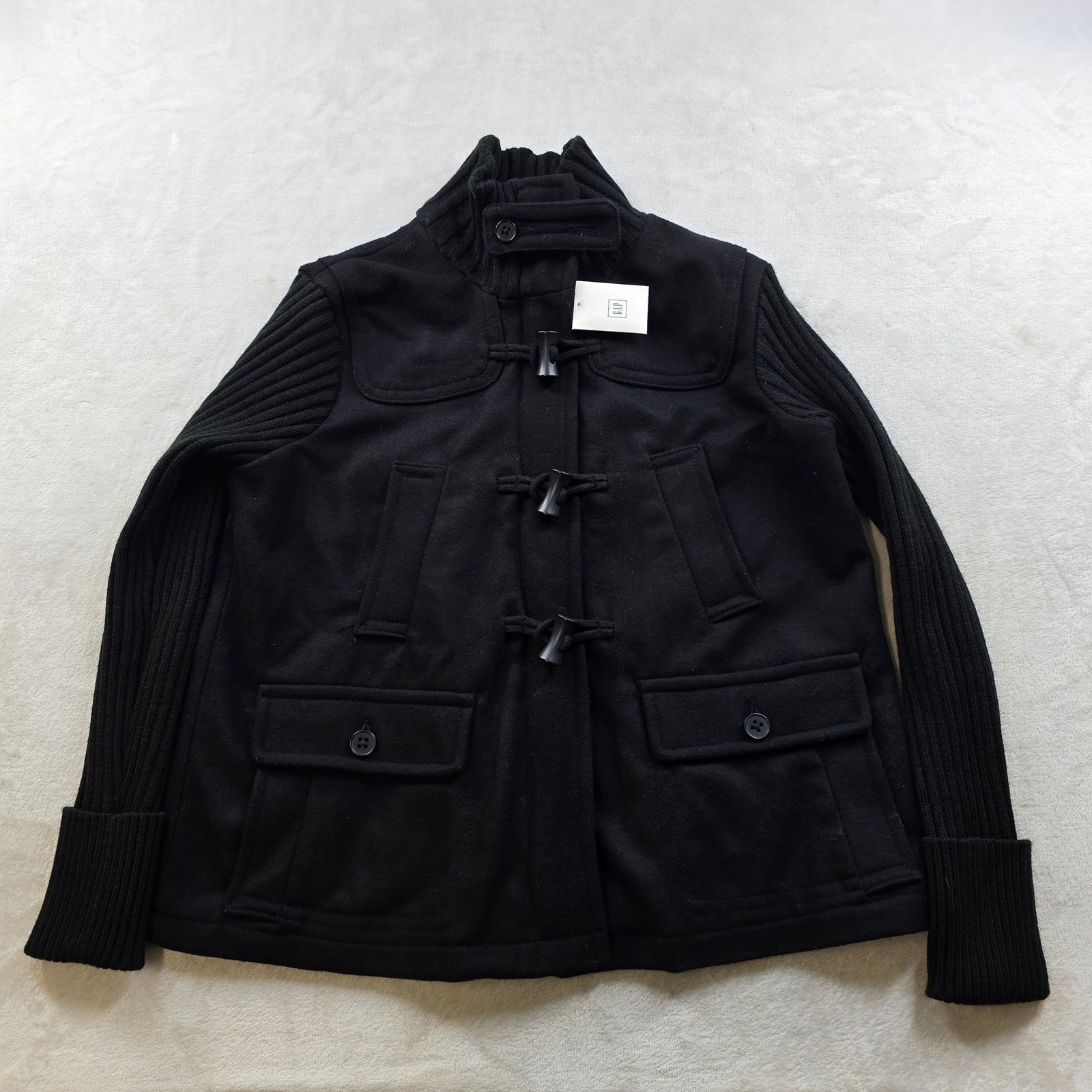 GAP Toggle Coat Ribbed Knit Sleeve Jacket Womens Large Petite LP Black Wool NEW