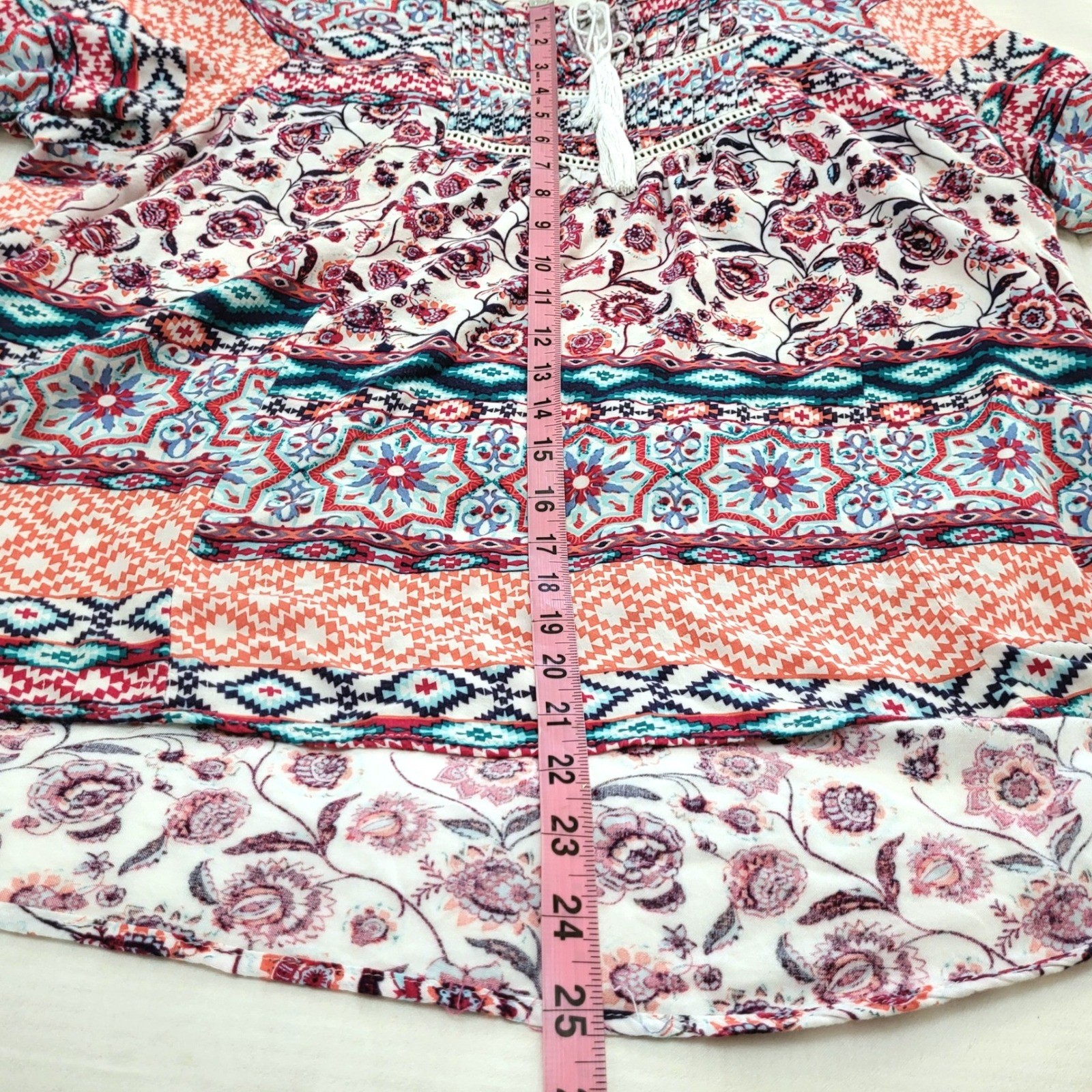 Faded Glory Red White Blue Floral Boho Peasant Tassel Tie Lace Detail Blouse XXL
