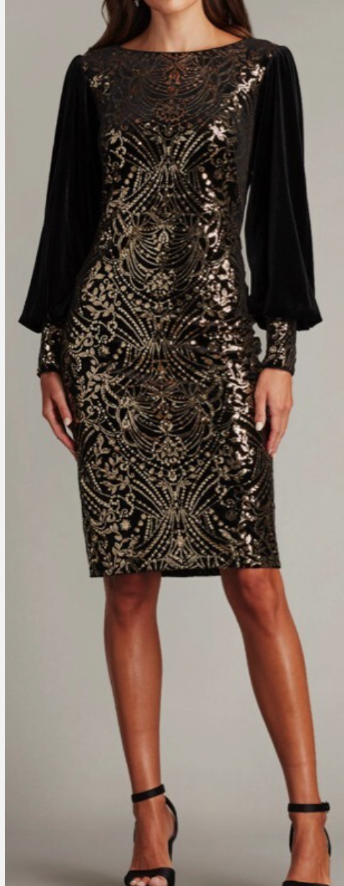 NWT TADASHI SHOJI Hazine Sequin Embroidered Velvet Dress BLACK GOLD $348