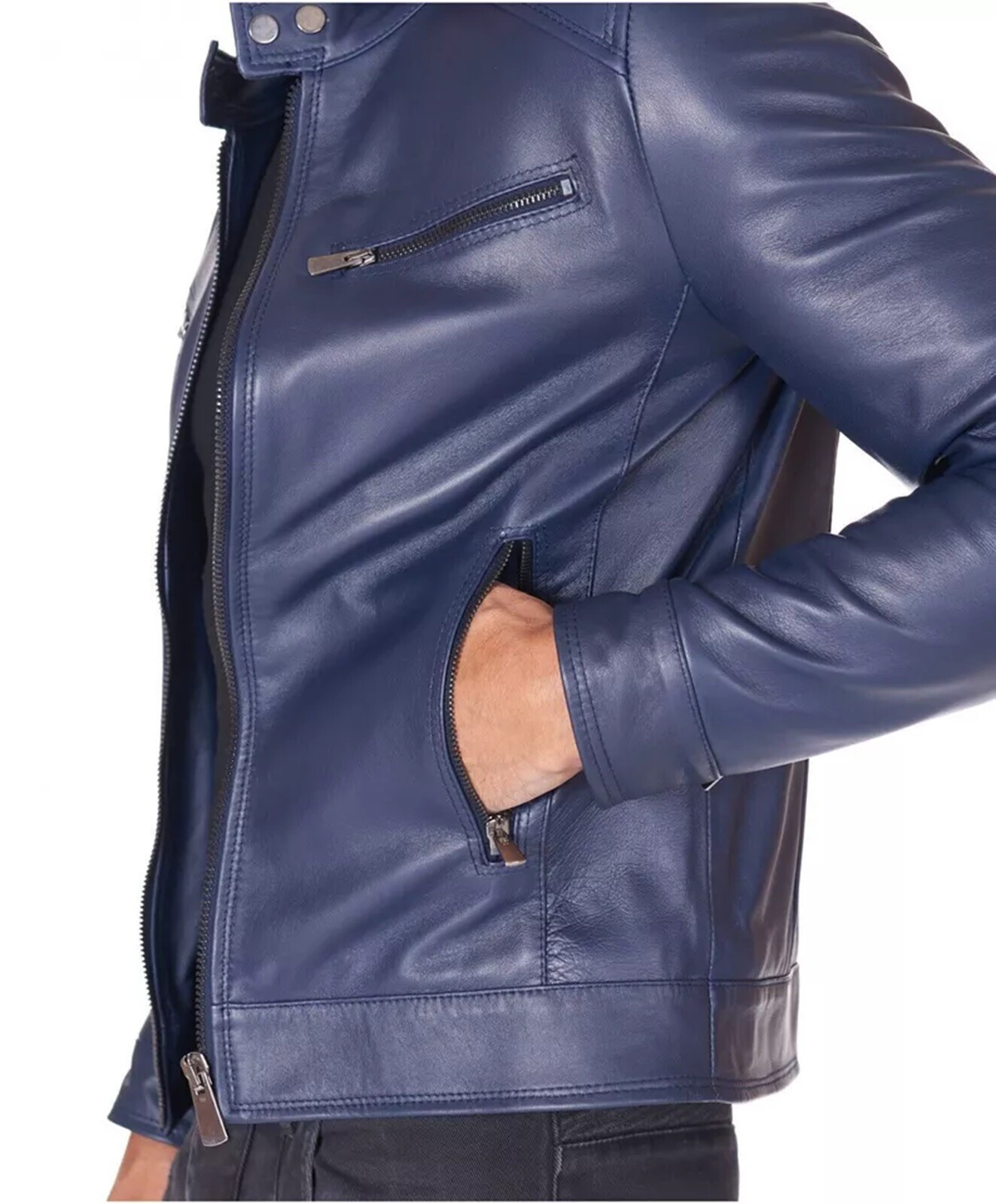 Men’s Navy Blue Leather Jacket 100% Real Lambskin Bomber Biker Motorcycle Jacket