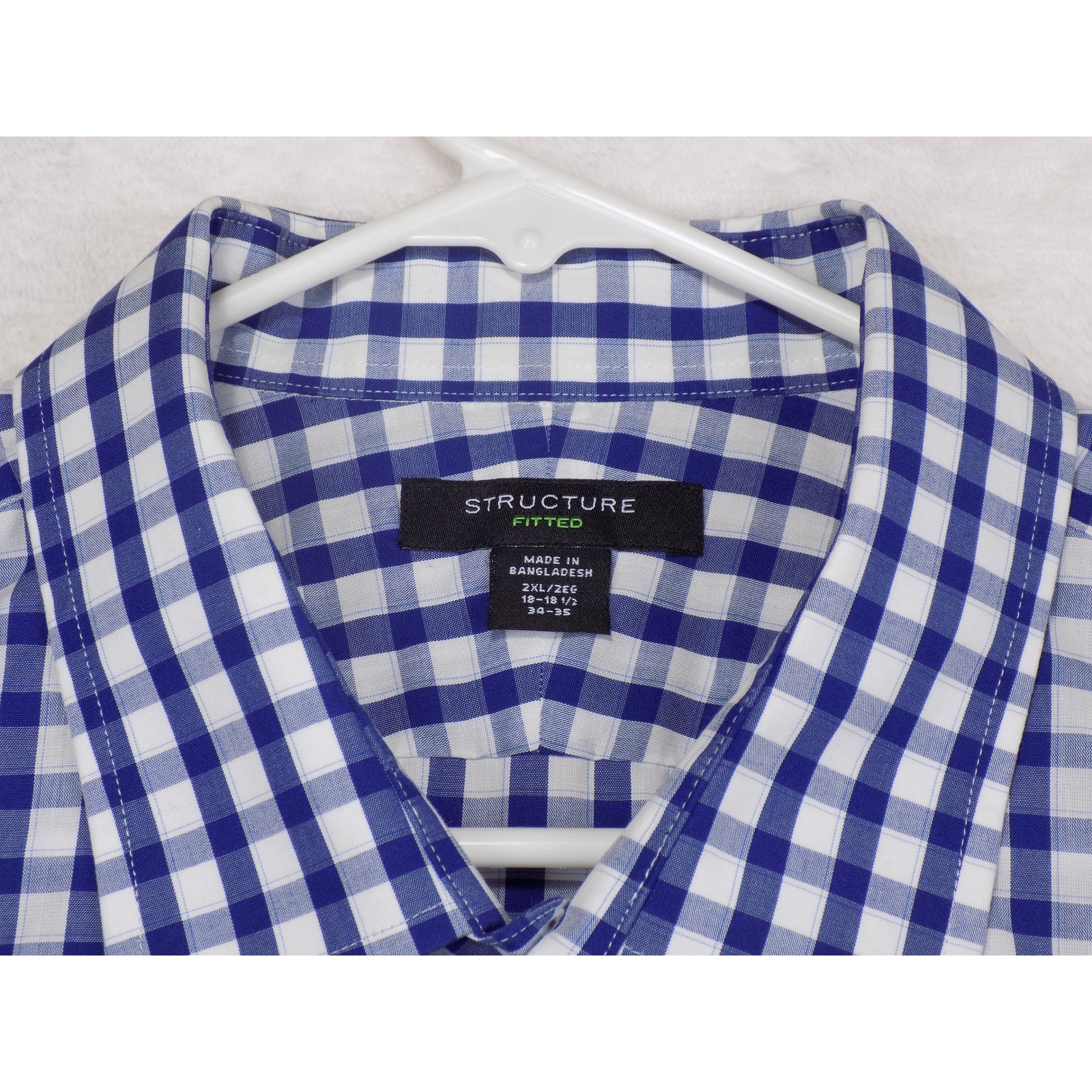 Structure Fitted Mens 2XL Blue White Gingham Check Button Down Shirt Long Sleeve