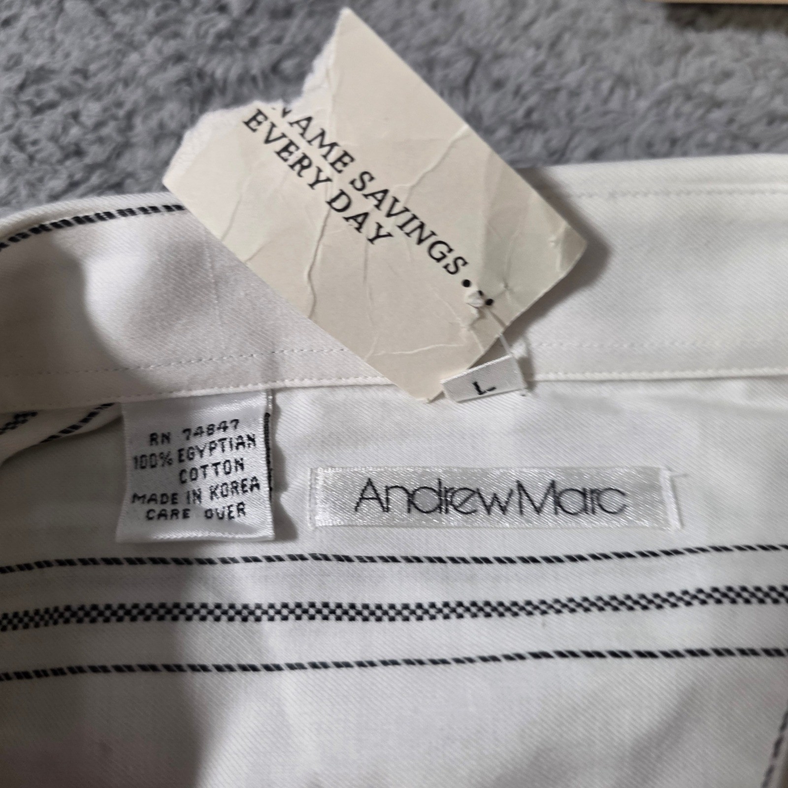 Andrew Marc Mens Large Button Up Shirt White Black Striped Egyptian Cotton LS