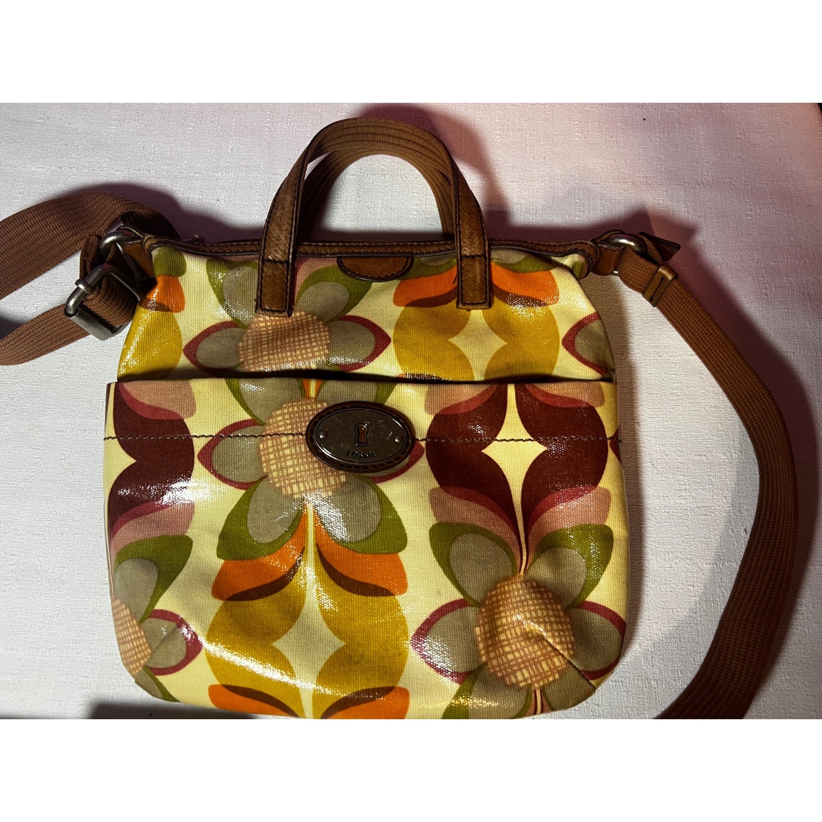 Fossil Key-Per Floral Coated Canvas Crossbody Bag Retro 70s Style Brown Multi