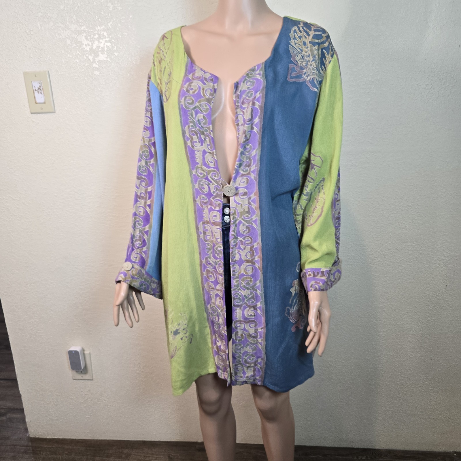 Soft Surroundings 100% Rayon Teal Green Purple Button Blouse Overlay Tunic 2x
