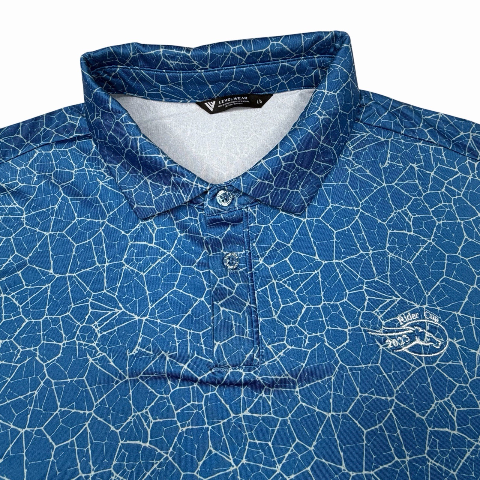 Level Wear Rider Cup Blue Performance Golf Shirt Crackle All Over Print Size L