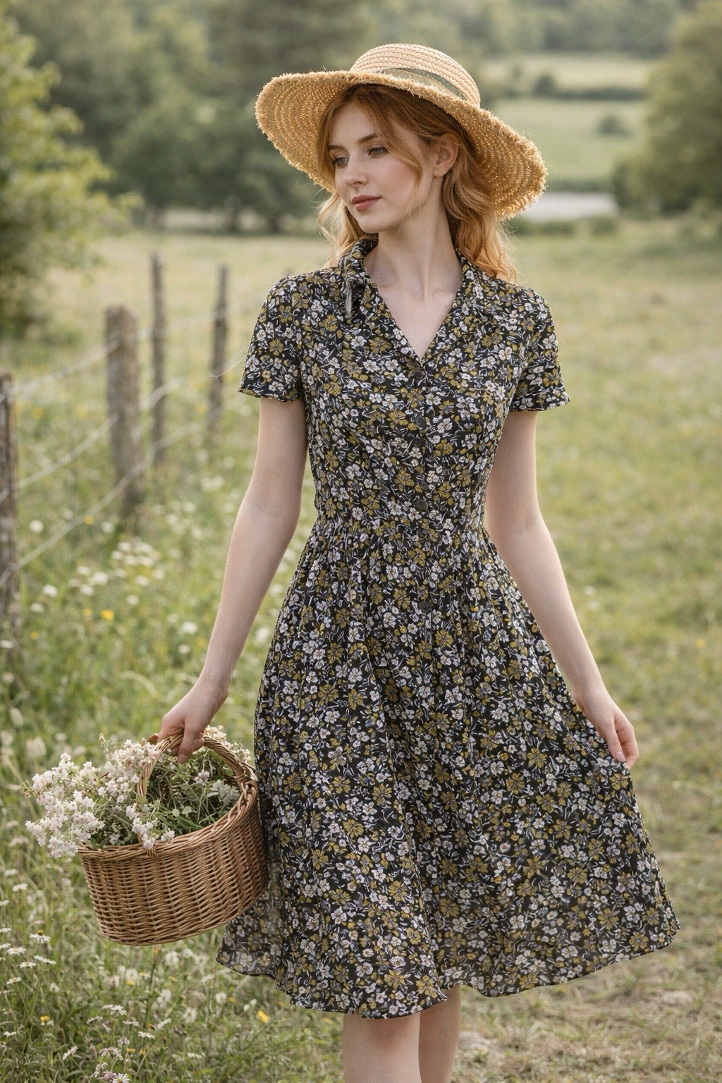 Vtg Erika Ditzy Floral Shirt Dress Size PL Button Front Dainty Sunflower Cottage