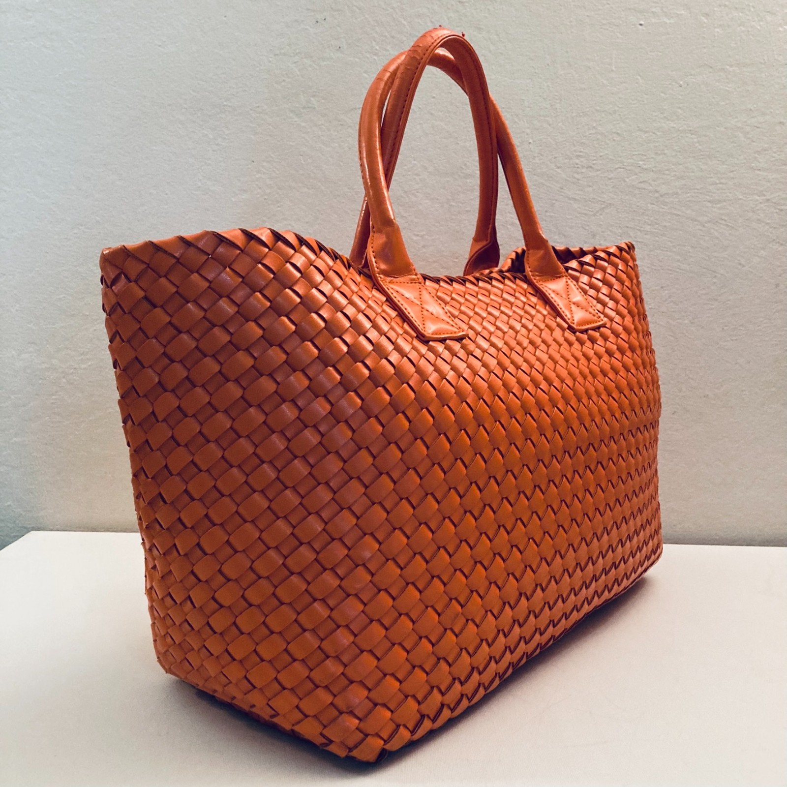 Woven Nappa Leather Tote Bag 21″ Intrecciato Shopper Lambskin Orange Large