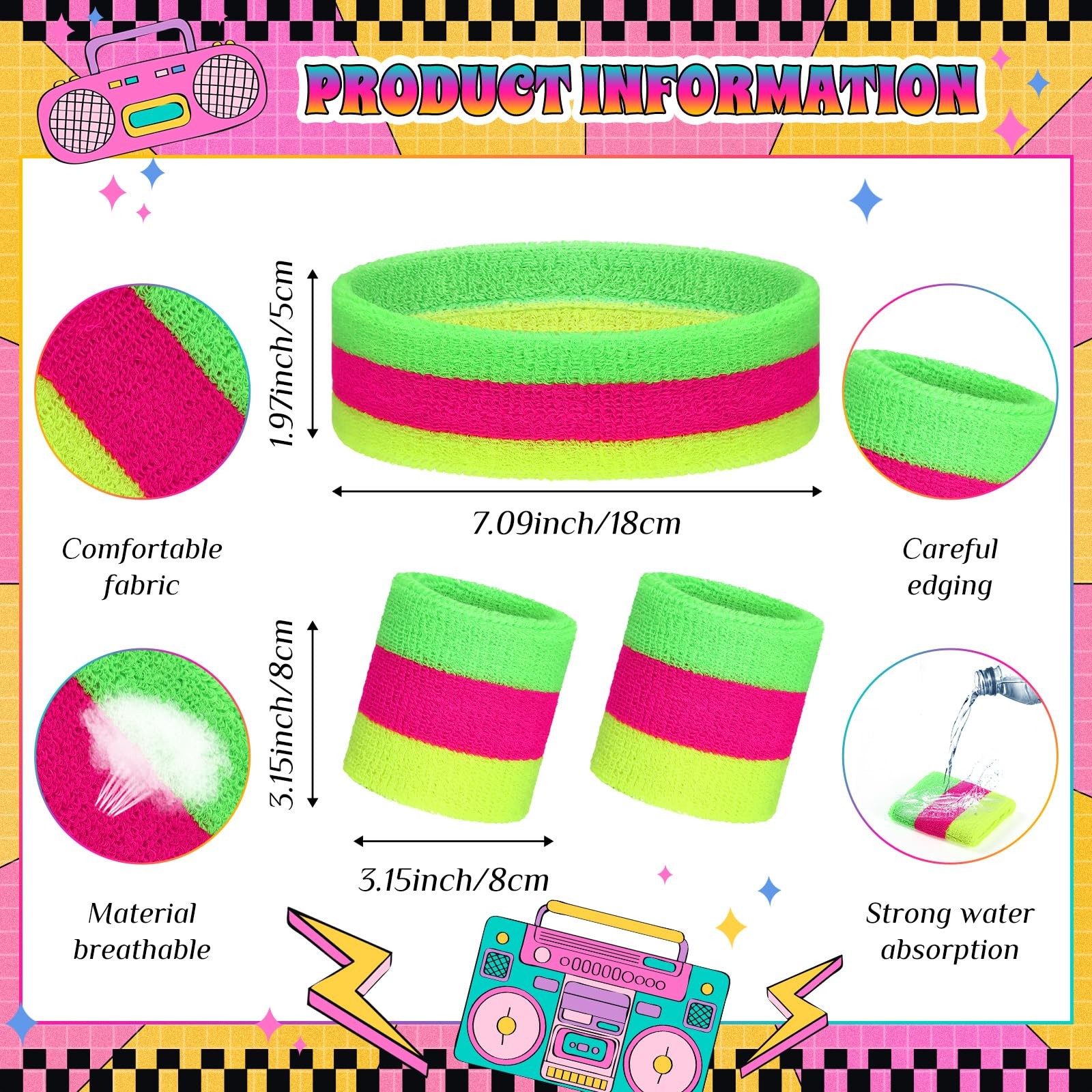 3 Pack Neon Sweatbands Set 80s Wristband and Headband Color War Accessories S…