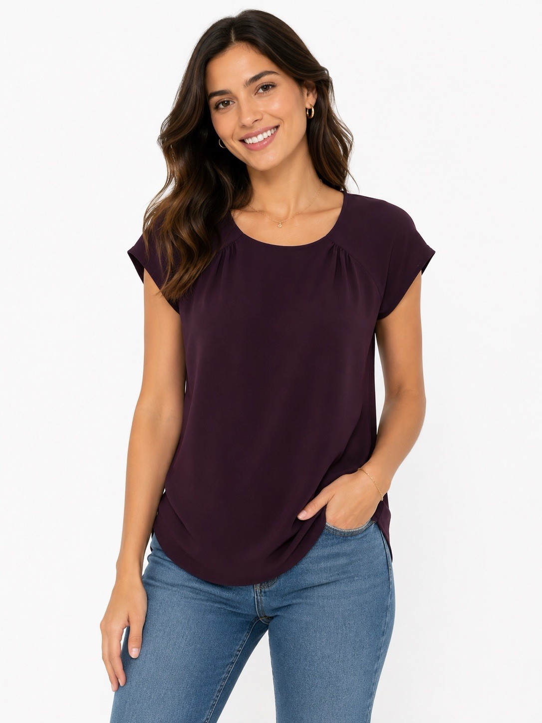 A.U.W Dark Purple Pleated Round Neck Cap Sleeve Chiffon Blouse Small-0665