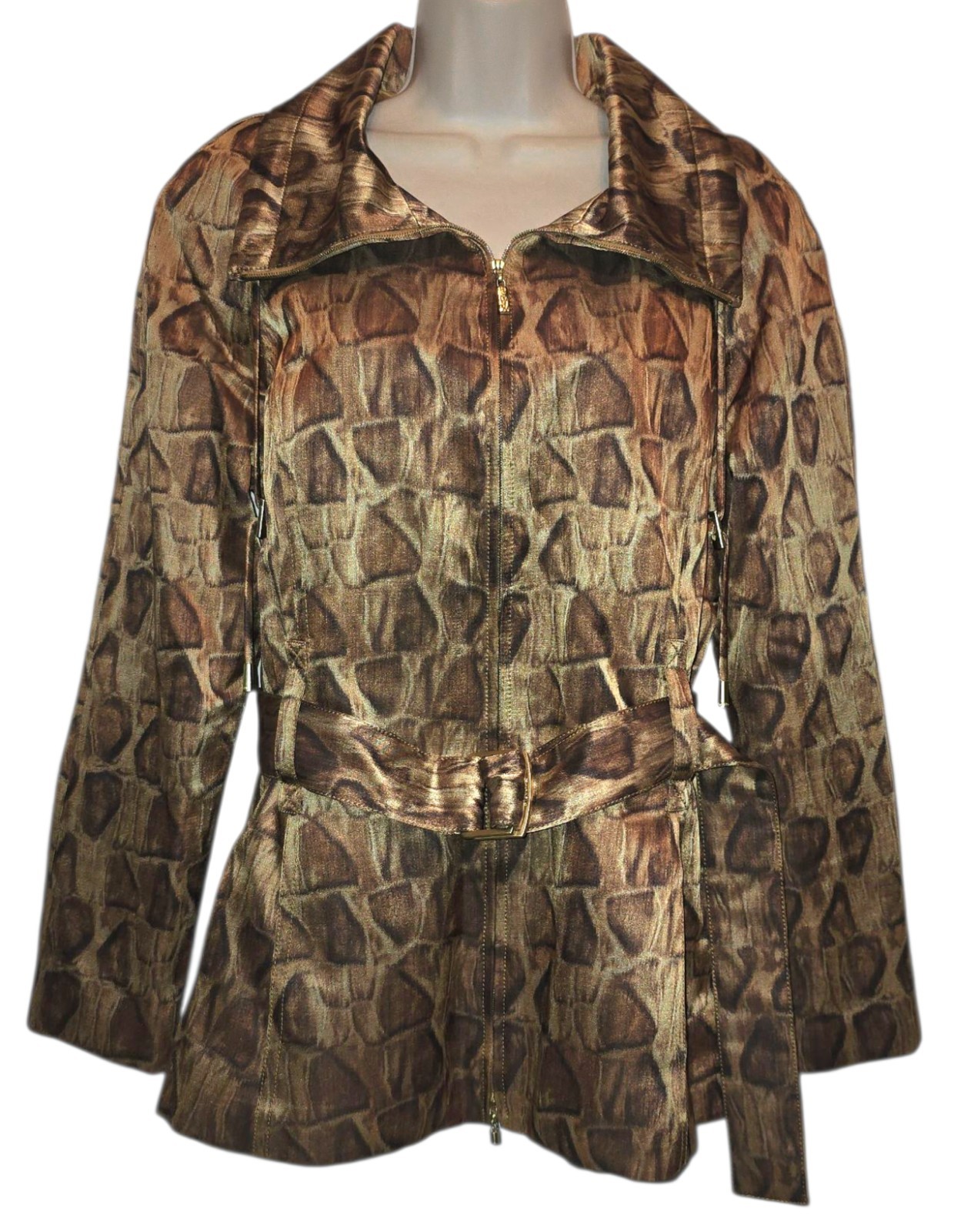 St. John Sport Lined Brown Animal Print Trench Jacket Size Medium Zip Front Belt