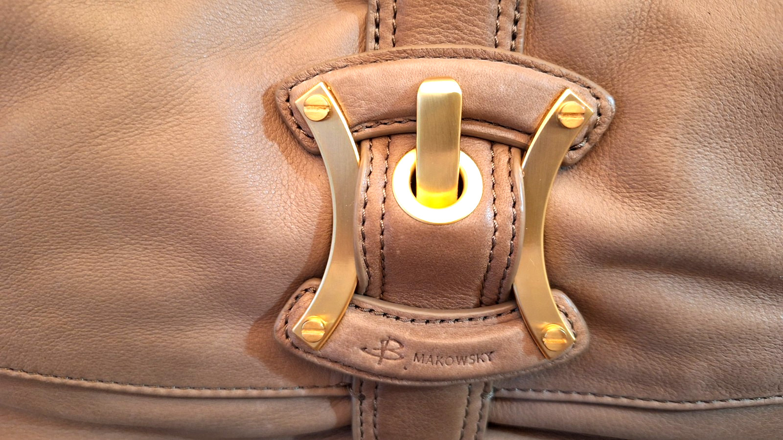 B. MAKOWSKY Taupe Leather Shoulder Hobo Bag Gold Bow Shaped Buckle NWOT