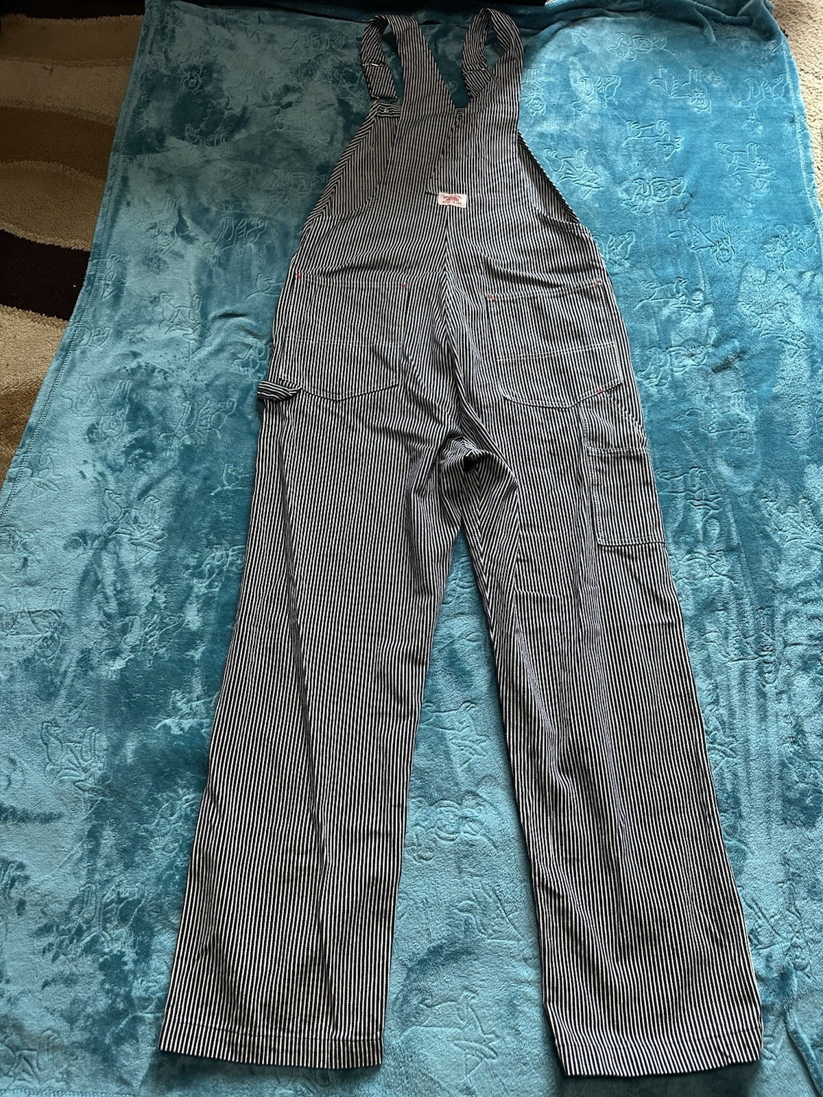Round House Blue/White Stripe Cotton Denim Bib Overalls 36×34 Made in USA Lot 45