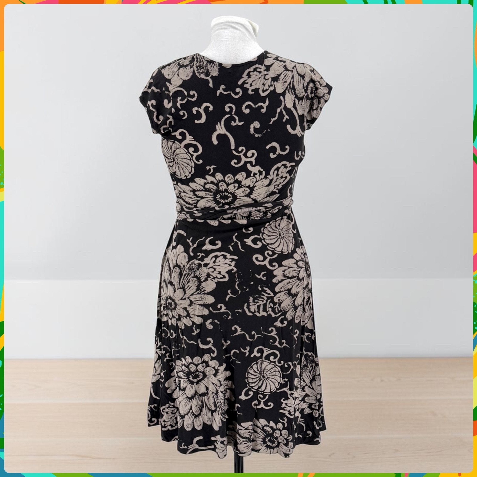 LUCKY BRAND Black Beige Floral Cap Sleeve Jersey Wrap Dress with Tie Belt Size M