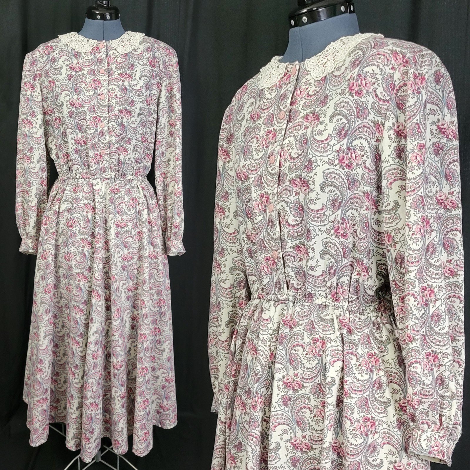 Vintage Cream Blouson Dress w Pink/Grey Paisley & Floral Pattern Size M/L?
