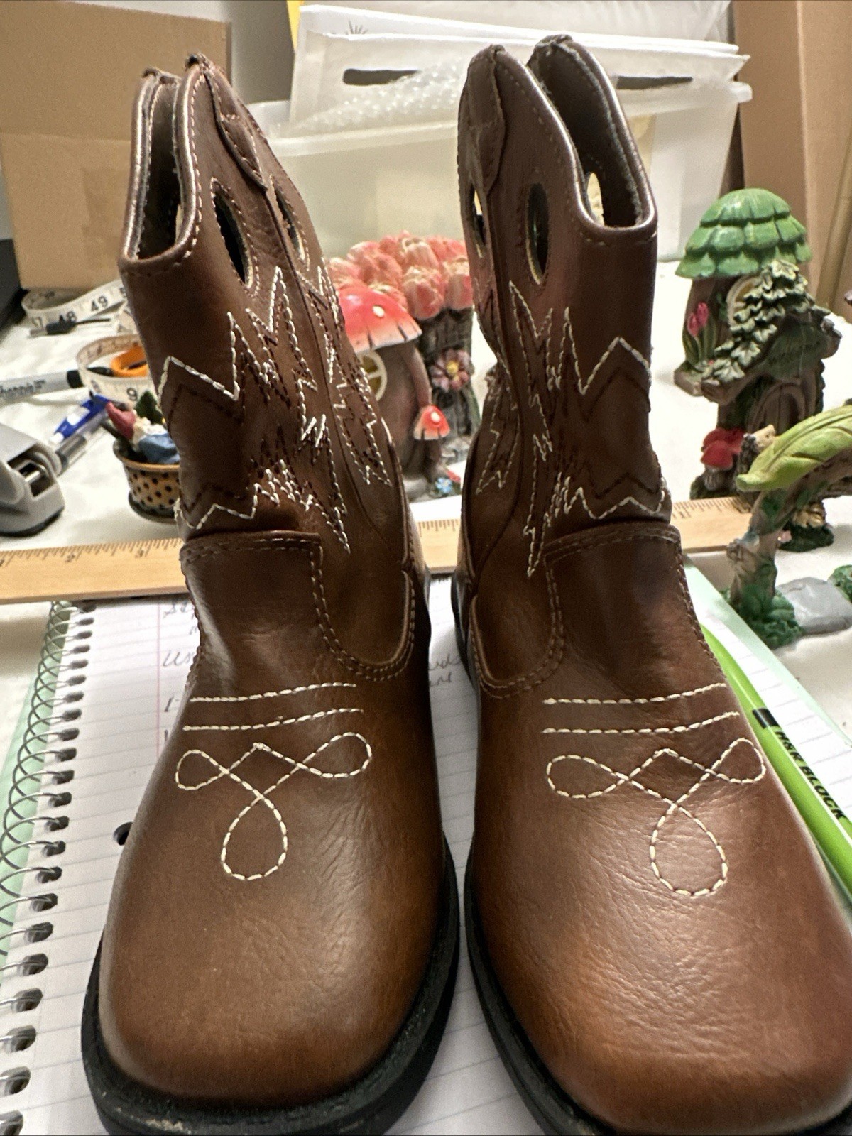 Brown Western Embroidered Unisex Kids Mid-Calf Boots Synthetic Rubber 9