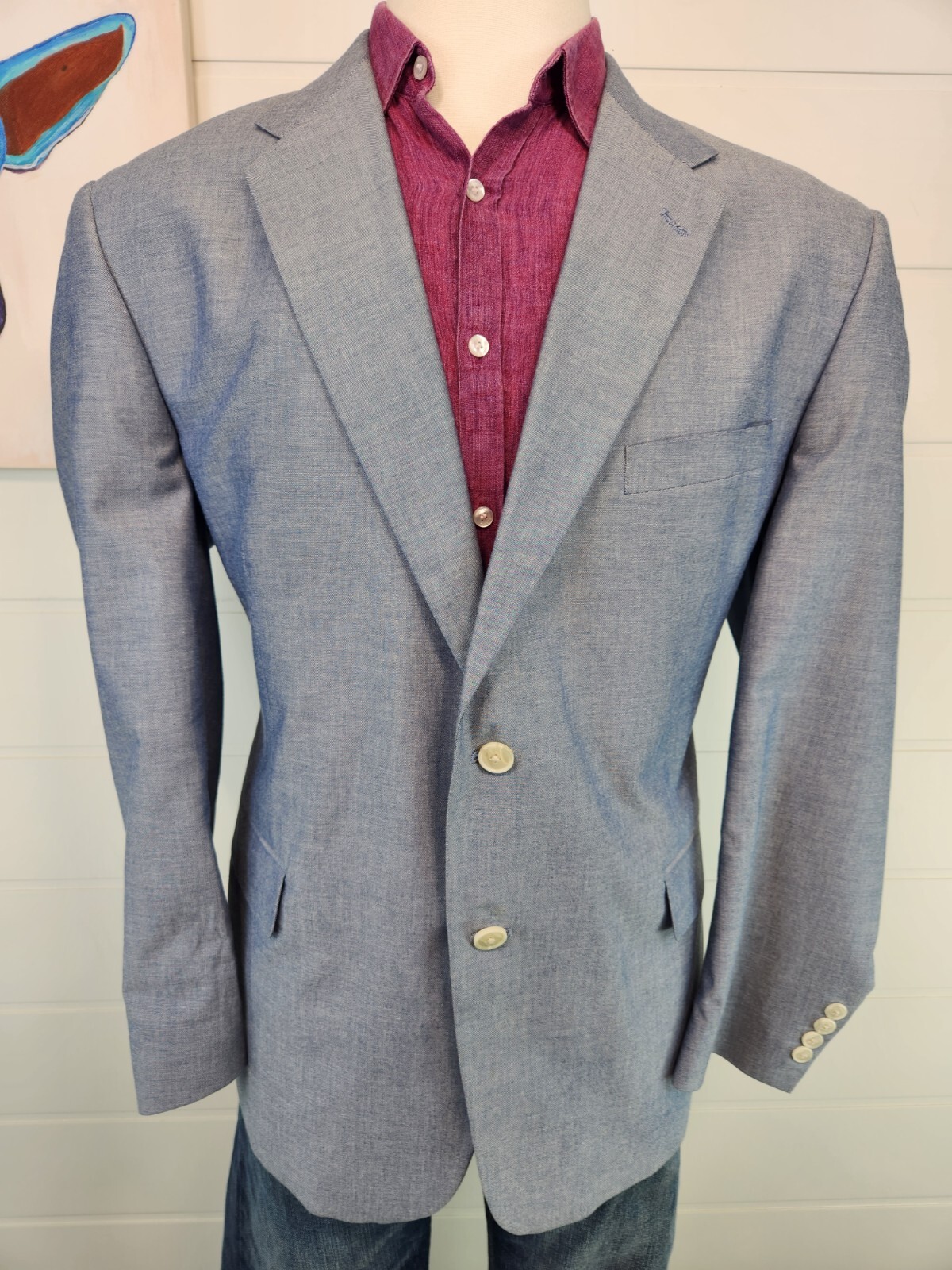 Stafford Mens Two Button Classic Fit Blazer Jacket Blue Cotton Birdseye Size 46R