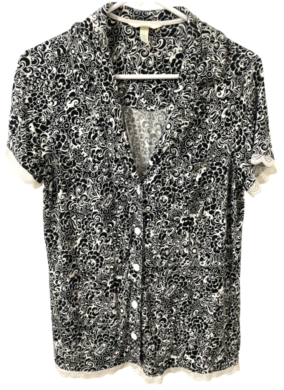 SOMA PJ Pajama Top Medium M Short Sleeve Button Up Shirt Black White Floral