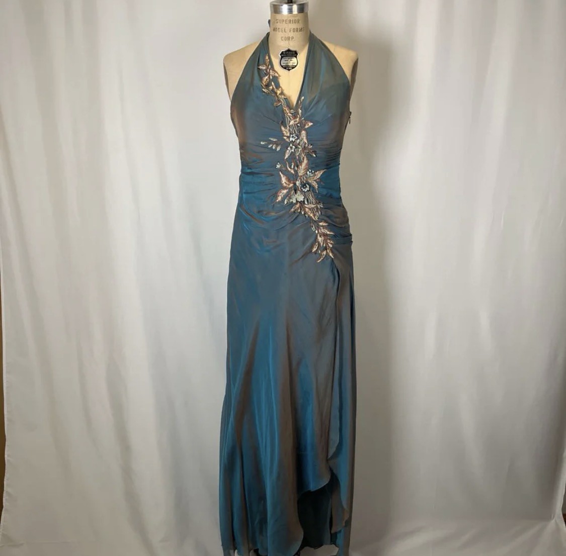 Y2K Vintage Alberto Makali Iridescent Embellished Halter Gown w/ Shawl
