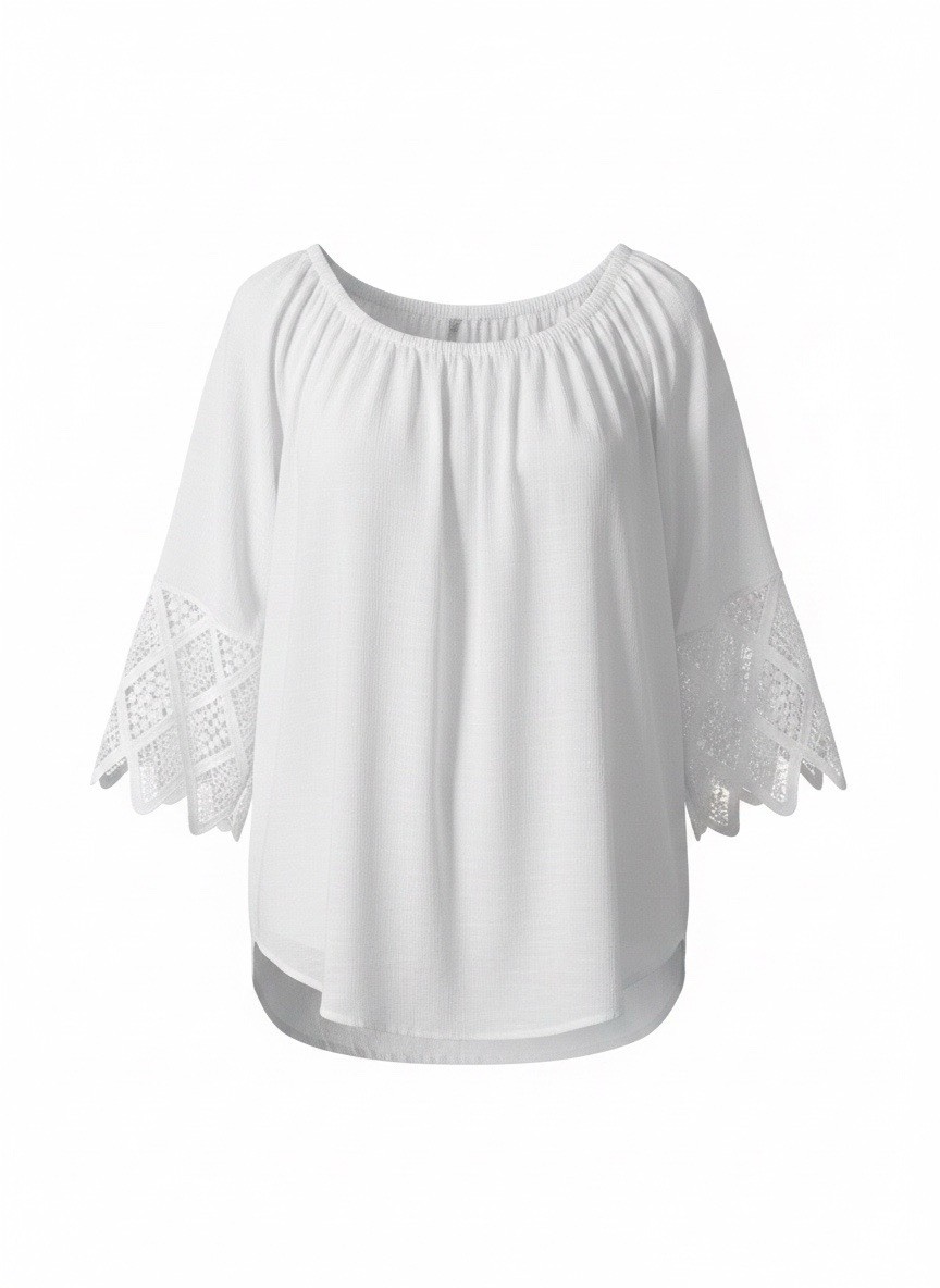Unique Spectrum Peasant Blouse White Gaze Crochet Lace Boho Top