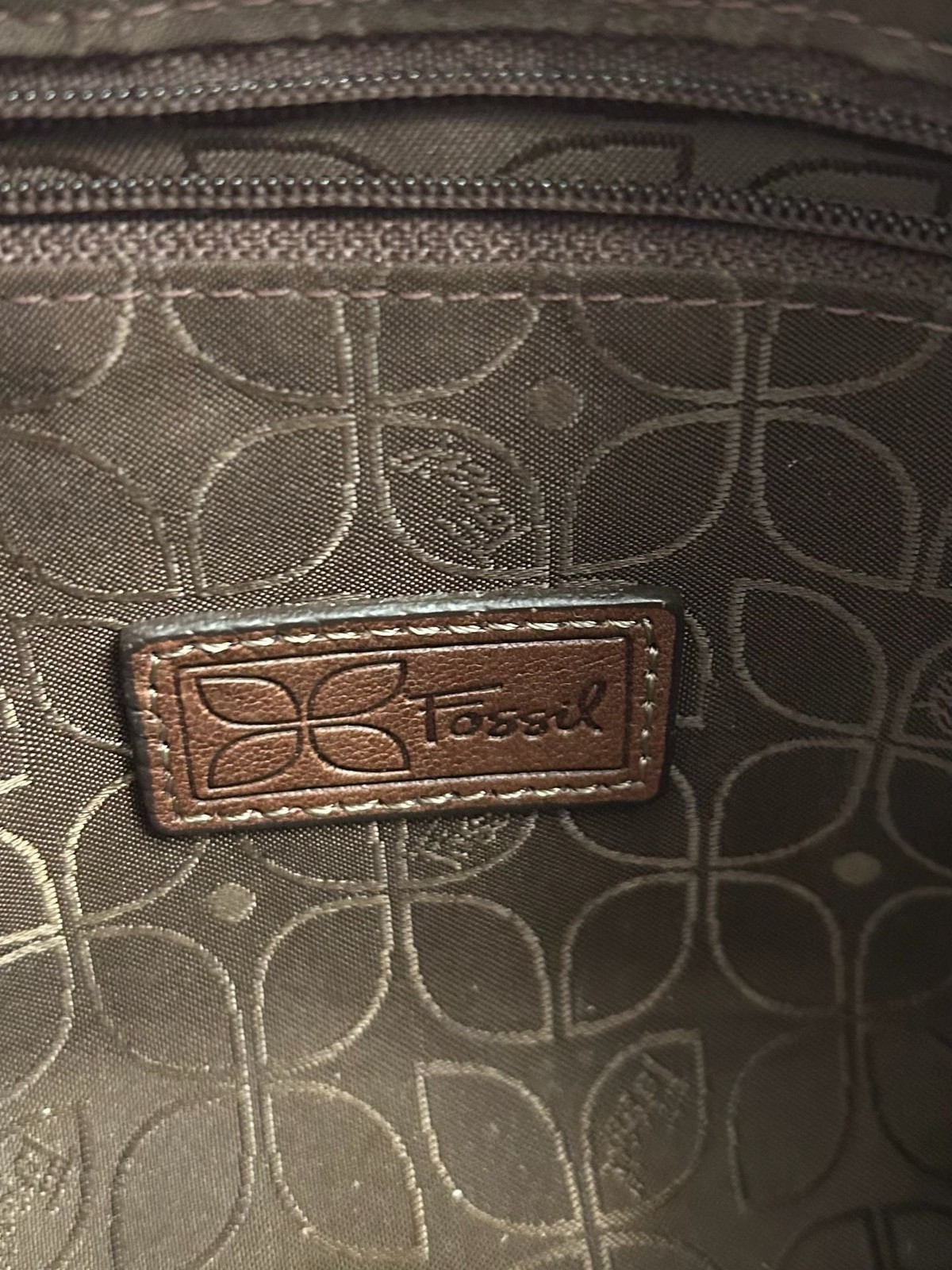Fossil Brown Leather Crossbody Bag with Embossed Logo Patch