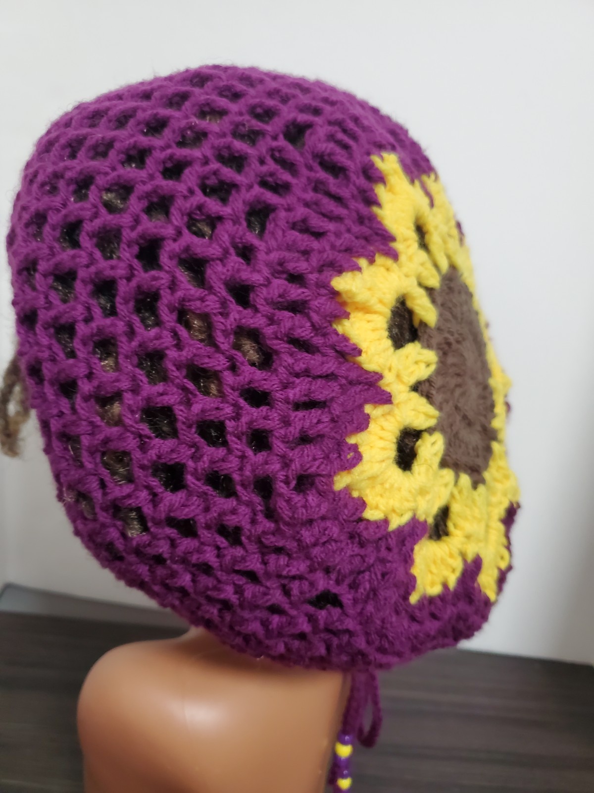Crochet Flower Tam Slouch Hat With Drawstring Handmade One Size Dreadlock Beanie