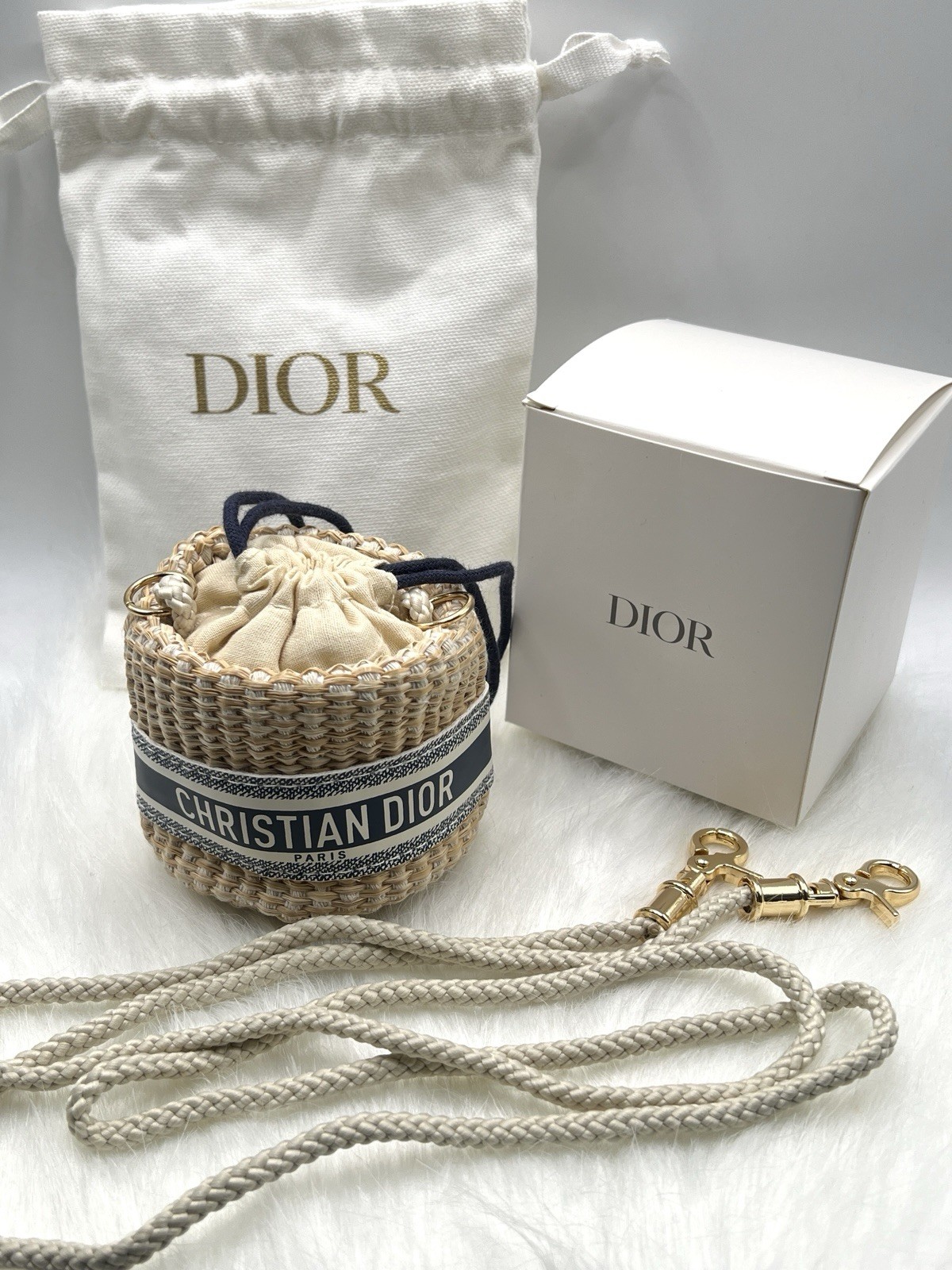 Christian Dior Mini Bucket Bag Straw Raffia Pouch VIP Novelty GWP Duster Box