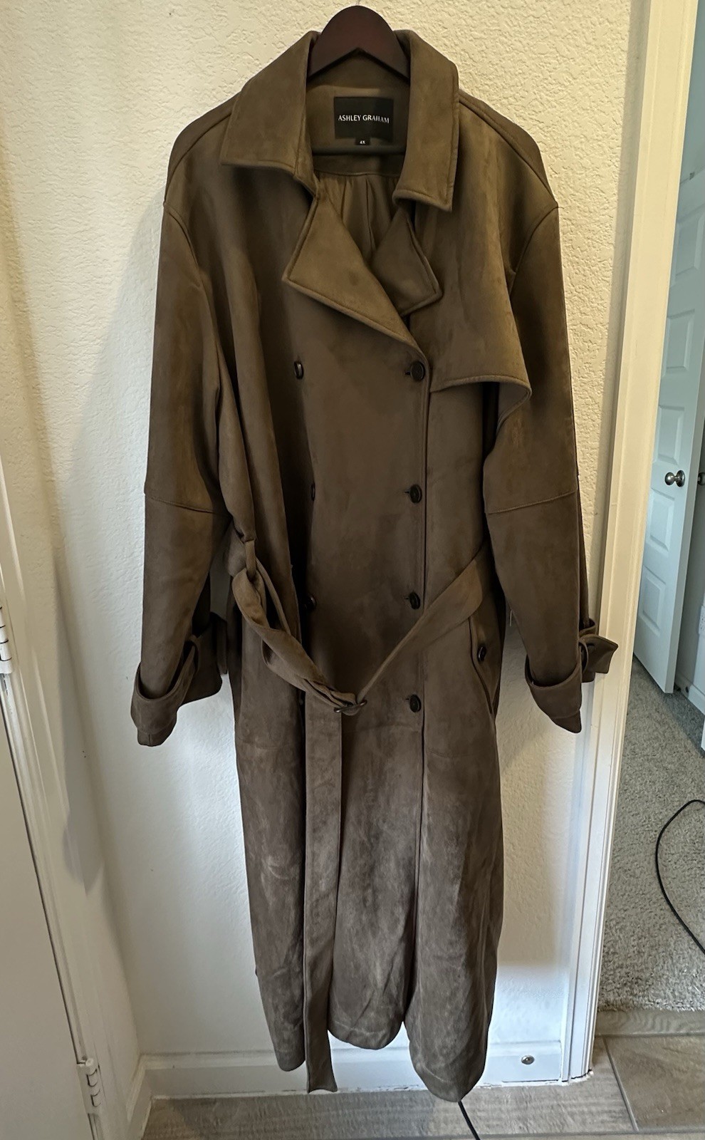 NWT Ashley Graham 4X Brown Faux Suede Trench Coat Belted Double Breasted Jacket