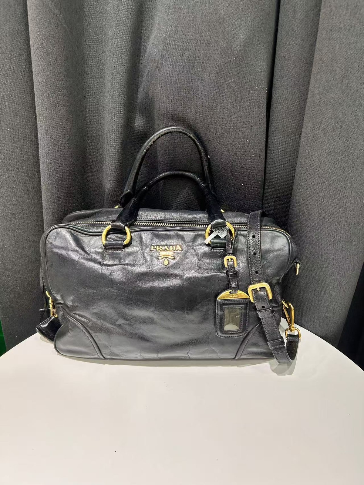 Authentic Prada Boston Black Oil Wax Leather Gold Handbag Italy